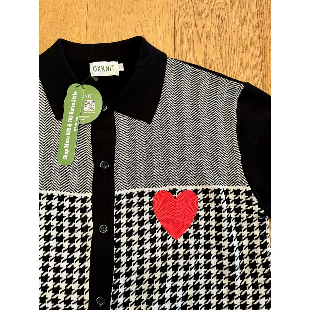 OXKNIT Knit Polo Shirt Mens 2XL Black White NWT Houndstooth Chevron Heart Patch